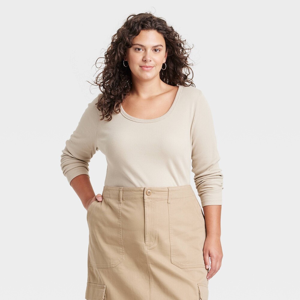 Universal Thread Beige Ribbed Scoop Neck Top Long Sleeve 3X NWT Plus Size